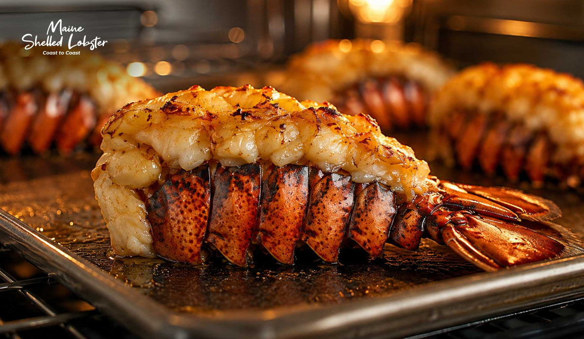 How to broil lobster tails, butterflied tails browning under a broiler on a foil-lined pan