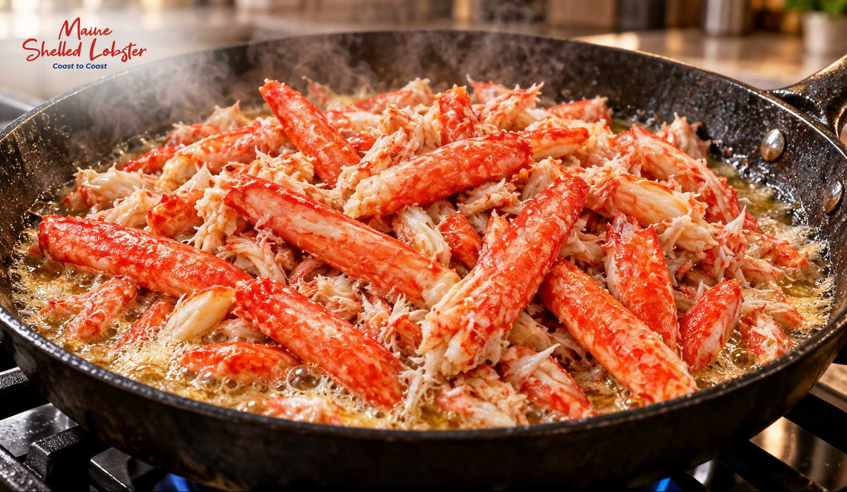 How to reheat crab meat, picked crab warming gently under a lid in a buttered skillet