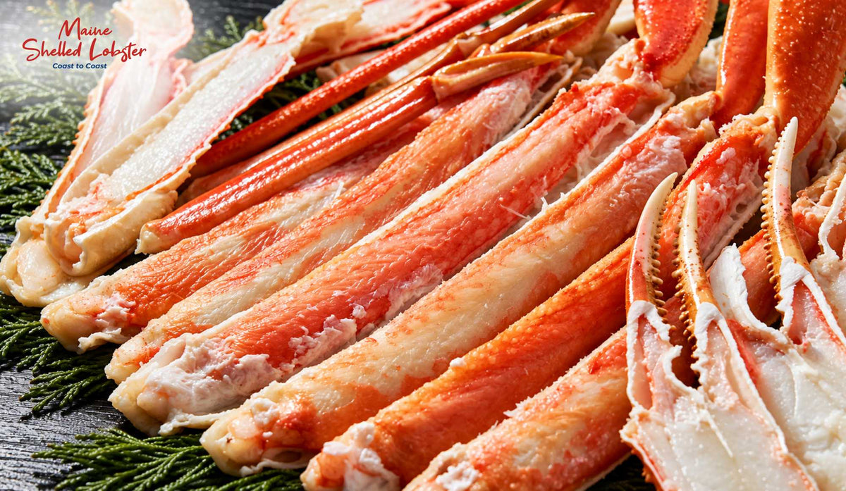Snow crab legs shown three ways, a shell-on cluster, a section, and picked leg meat