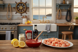 making homemade shrimp cocktail sauce in a warm, nautical environment / kitchen to serve with delicious shrimp from our ecommerce store